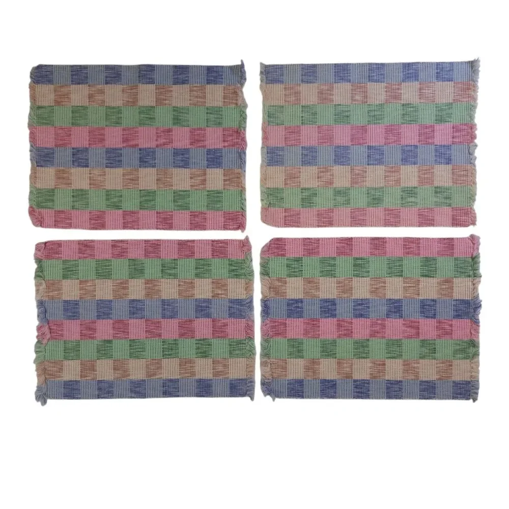 4 Vtg Pastel Plaid Woven Placemats Pink Blue Green Fringed Boho Cottage 13x17
